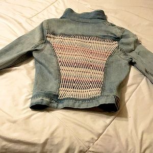Custom ROXY slightly ripped jean jacket with colorful diamond patter back